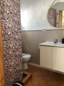 a bathroom with a stone wall next to a toilet at Finca Abril 1 Piscina Compartida in Conil de la Frontera