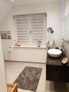 Ein Badezimmer mit einem Fenster und einem Vogel auf der Ablage. in der Unterkunft Ferienhaus Treibholz in Hof Barendorf