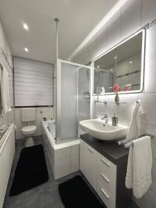a bathroom with a sink and a shower and a toilet at Ferienwohnung mit Garten und Parkplatz mitten in Neumarkt in Neumarkt in der Oberpfalz