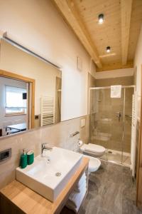a bathroom with a sink and a toilet and a mirror at App Piz de Plaies -ciasa Lavarella in San Vigilio Di Marebbe