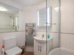 a bathroom with a toilet and a sink and a shower at Lower Deck in Fowey +8 photos