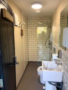 a bathroom with a sink and a toilet at Simple Basketmakers Hut Cabin for Two in Chiddingstone