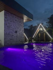 a swimming pool lit up at night with purple lights at Grand Cabins in Panglao Island
