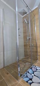 una ducha con puerta de cristal en un baño en Leaf & Loft, en Novi Sad 11 fotos más