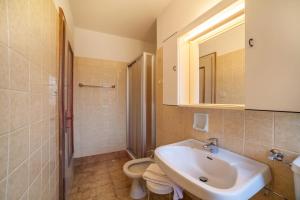 a bathroom with a sink and a toilet and a mirror at Residence Pichler Apartment 3 in San Leonardo in Passiria