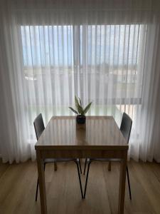 a table with a potted plant on it in front of a window at Charming 1-Bed Coastal Escape at Links Lady Bay in Normanville