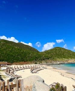 a beach with chairs and umbrellas and the ocean at Casa Pombo SXM in Anse Marcel 