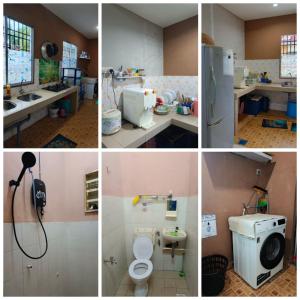 a series of four pictures of a kitchen with a sink and a toilet at RIZQI HOMESTAY Sungai Siput with Wifi! Islamic Guest Only! in Kampong Rimba Panjang +23 photos