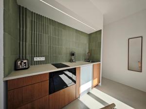 een keuken met groene betegelde muren en een aanrecht bij Viva Riviera Design and Sunny Commandant André in Cannes +7 foto's