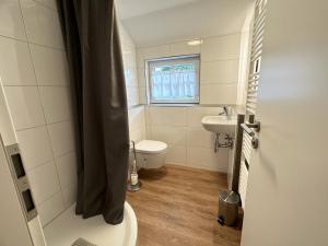 a bathroom with a toilet and a sink and a window at Backhüsli am Bauerngarten in St. Blasien +32 photos