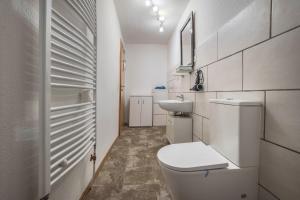 a white bathroom with a toilet and a sink at Ferienwohnung Knopf in Hardegsen +15 photos