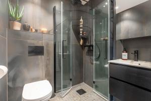 Un baño con ducha, inodoro y lavabo. en Lofoten Oceanfront Panoramic, en Kabelvåg