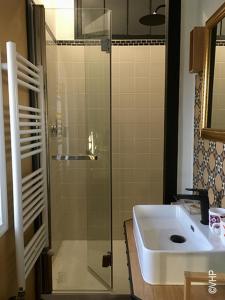 a bathroom with a glass shower and a sink at La Ptite Fabrique chez Malot in Montceau-les-Mines