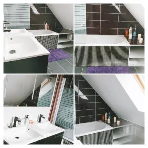 eine Collage mit vier Bildern eines Badezimmers in der Unterkunft La Brocéliande enchantée in Iffendic + 22 Fotos