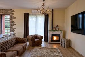 Una sala de estar con un sofá y una chimenea. en Il Casolare Punto Fiore, en Castel San Pietro Terme