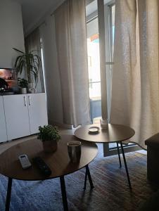 a living room with two tables in front of a window at Studio Apartman Dalma in Ðakovo