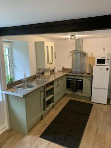 a kitchen with green cabinets and a white refrigerator at CherryBrook Wistman Suite in Two Bridges