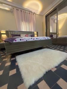 a bedroom with a large bed with a white rug at Residence FATIMA in Thiès
