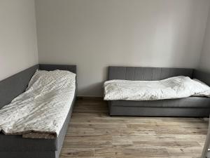 two beds sitting next to each other in a room at Apartamenty Studzienna in Inowrocław +5 photos