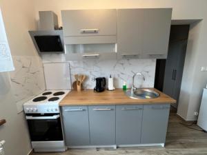 a small kitchen with a stove and a sink at Apartamenty Studzienna in Inowrocław