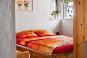 ein Bett in einem Zimmer mit einem Fenster in der Unterkunft Gnadenseeblick in Allensbach