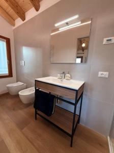 une salle de bain avec un lavabo, des toilettes et un miroir dans l'établissement Ai Sassi Valdobbiadene, à Valdobbiadene