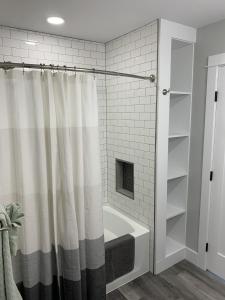 a bathroom with a shower curtain and a bath tub at The Fallviews at Burdett Falls in Burdett