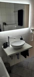 une salle de bain avec un lavabo blanc et un miroir dans l'établissement O'Schwarzwald, à Münstertal
