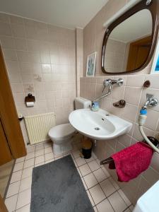a bathroom with a sink and a toilet at Gemütliche Dachgeschoss Wohnung in Selm +5 photos