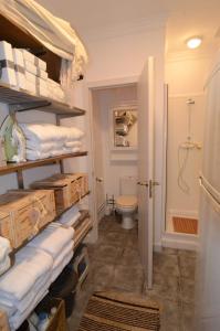 a bathroom with a toilet and a bunch of towels at La Cueva de Las Orquídeas in Benaoján