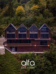 a large house with blue windows on a hill at Alfa Dağevleri in Rize