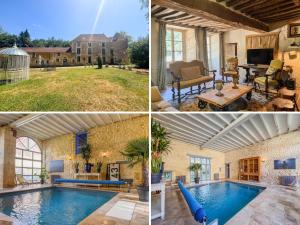 eine Collage mit Fotos eines Hauses mit Pool in der Unterkunft Le manoir de Saint-Ouen avec piscine chauffée intérieure in Saint-ouen-de-la-Cour