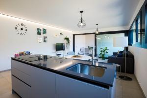 une cuisine avec un évier et un salon dans l'établissement Casa Smeraldo, à Locarno