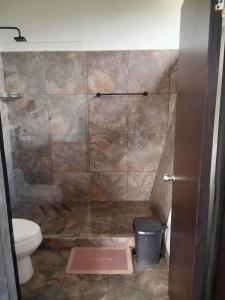 um banheiro com chuveiro, vaso sanitário e pia em Luna Creciente Refugio de Luz y Naturaleza em Silvania