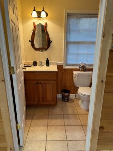une salle de bain avec toilettes, lavabo et miroir dans l'établissement The Saloon Cabin Retreat, à Hedgesville