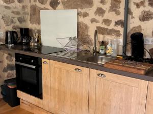 a kitchen counter with a sink and a microwave at Le Chant du Grillon in Le Nayrac +3 photos