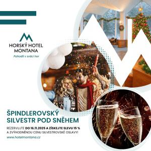 un prospectus pour une fête de fin d'année avec des verres de vin dans l'établissement Horský hotel Montana, à Špindlerův Mlýn