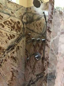 a shower in a bathroom with a stone wall at The best of the greenbrier in White Sulphur Springs