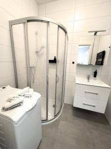 a bathroom with a shower and a toilet and a sink at Lake View Suite in Mörbisch am See +19 photos