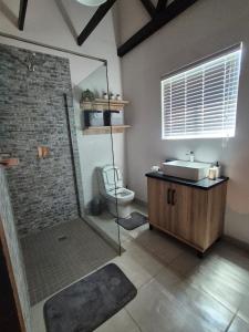 a bathroom with a shower and a toilet and a sink at atnine in Welkom +12 photos