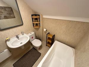 a small bathroom with a sink and a toilet at Murphys Lodge panorama apartment in Bansko +18 photos