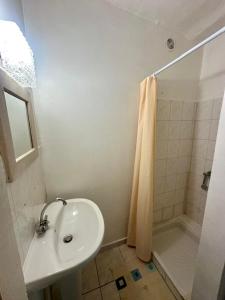 biała łazienka z umywalką i prysznicem w obiekcie studio cœur de ville 25 m2 avec vue cathédrale w mieście Narbona +1 zdjęcie