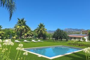 ein Swimmingpool inmitten einer Rasenfläche mit Stühlen in der Unterkunft Villa Eden in Castiglione di Sicilia