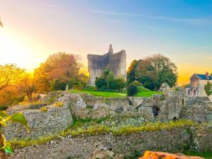 les ruines d'un château sur une colline dans l'établissement La maison au cœur médiéval, à Domfront