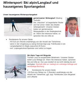 a page of a flyer with a man on skis in the snow at FeWo "Alpakaleben" im ökologischen Holzhaus mit traumhafter Aussicht und Alpakas in Oberegg