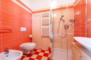 a bathroom with a toilet and a shower and a sink at Cesa Antermoia in Mazzin