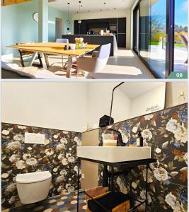 ein Wohnzimmer und ein Esszimmer mit Blumentapete in der Unterkunft Gold Haus 2 in Bannholz