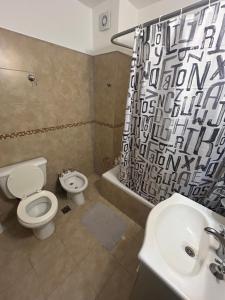 a bathroom with a toilet and a sink and a shower at Depto 3 de Febrero 235 in Venado Tuerto