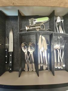 a drawer filled with lots of silver utensils at Emma's Appartment with Free Parking in Nivy