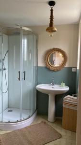CommentryにあるGîte Minimalistのシャワー、洗面台、鏡を備えたバスルーム